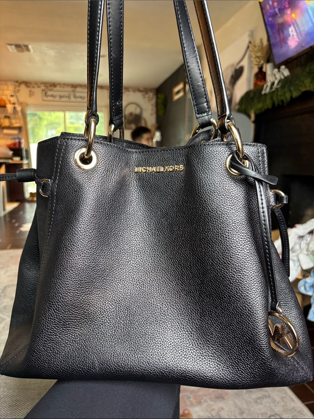 Michael Kors Black Pebbled Leather Shoulder Bag with Gold Hardware